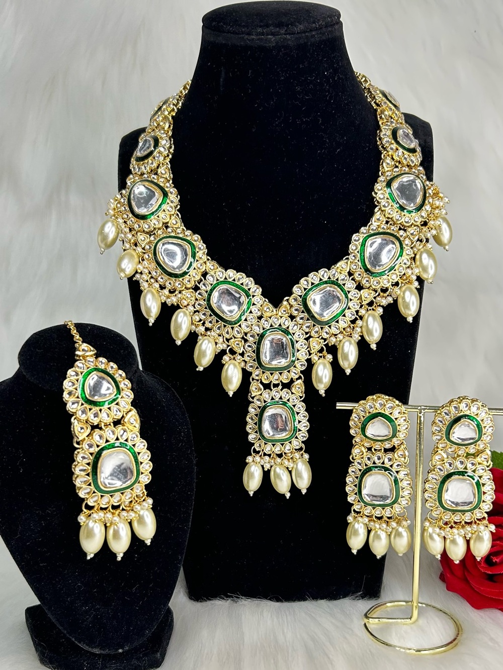 Gold Kundan Necklace with Cream White Drop Pearls, Earrings And Tikka Set